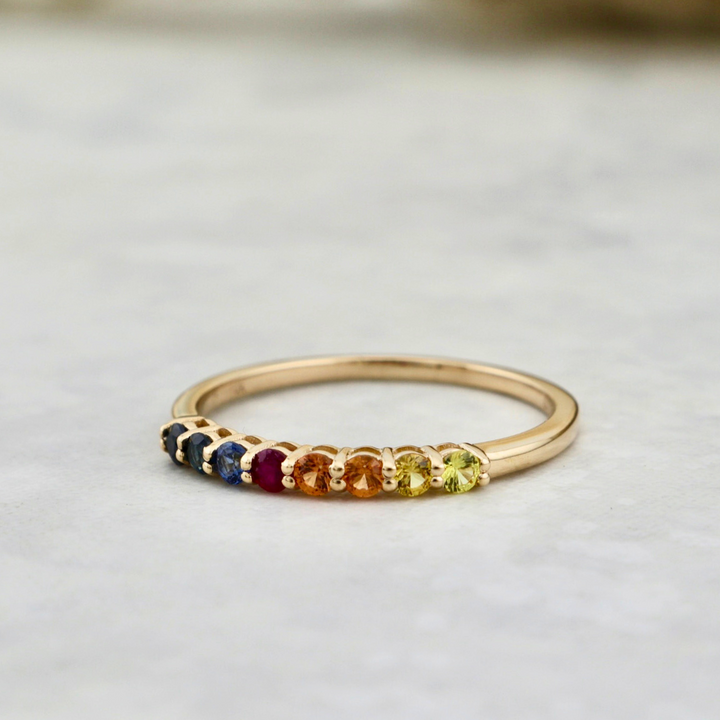 Rainbow Semi-Eternity 14K Gold, sapphires and ruby Ring