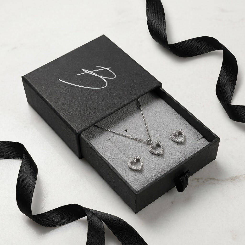Ensemble-cadeau collier et boucles d’oreilles coeur - Argent sterling