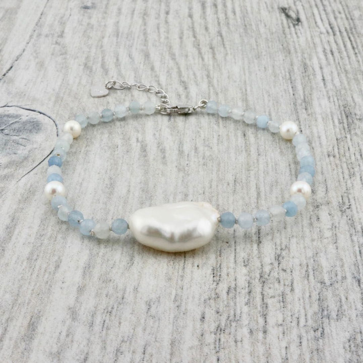 Aqua in Pearls, Aquamarines and Sterling Silver Bracelet