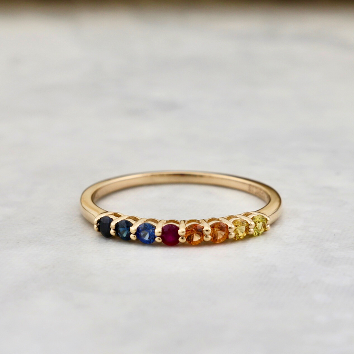 Rainbow Semi-Eternity 14K Gold, sapphires and ruby Ring