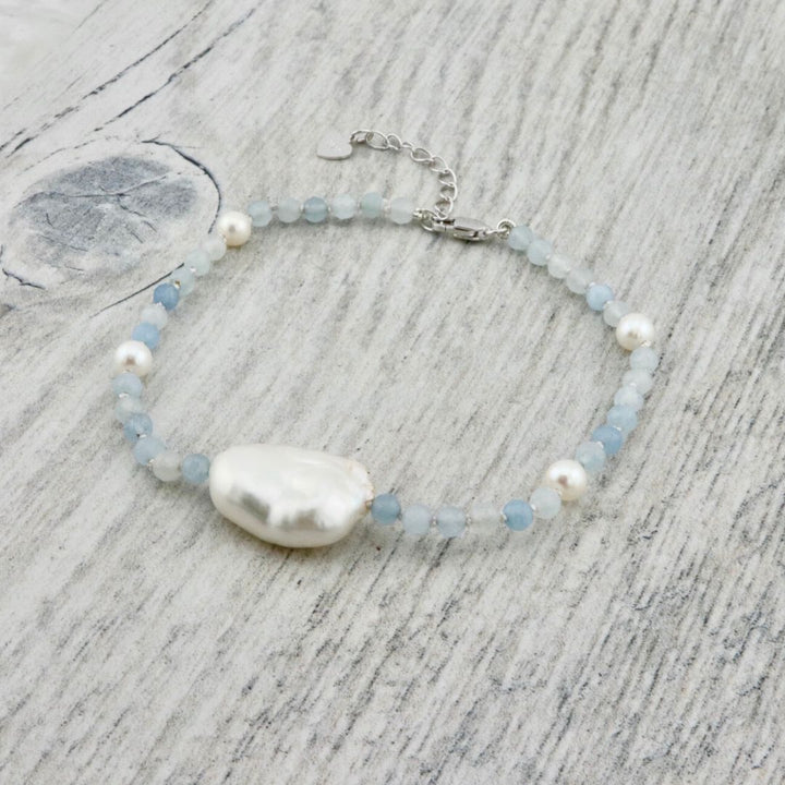 Aqua in Pearls, Aquamarines and Sterling Silver Bracelet