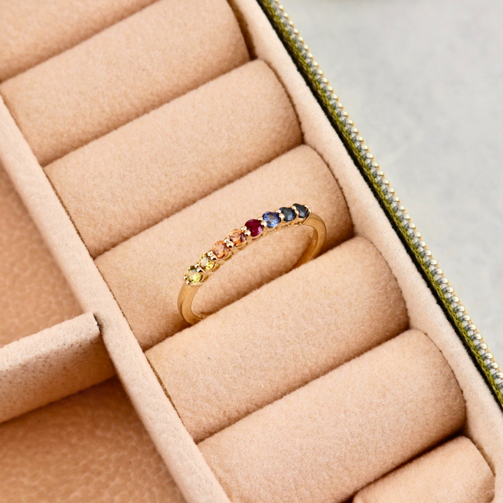 Rainbow Semi-Eternity 14K Gold, sapphires and ruby Ring