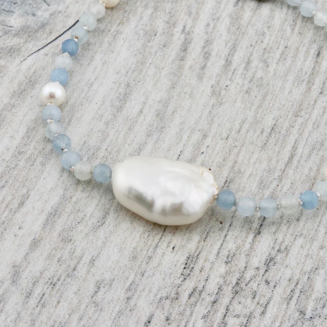 Aqua in Pearls, Aquamarines and Sterling Silver Bracelet