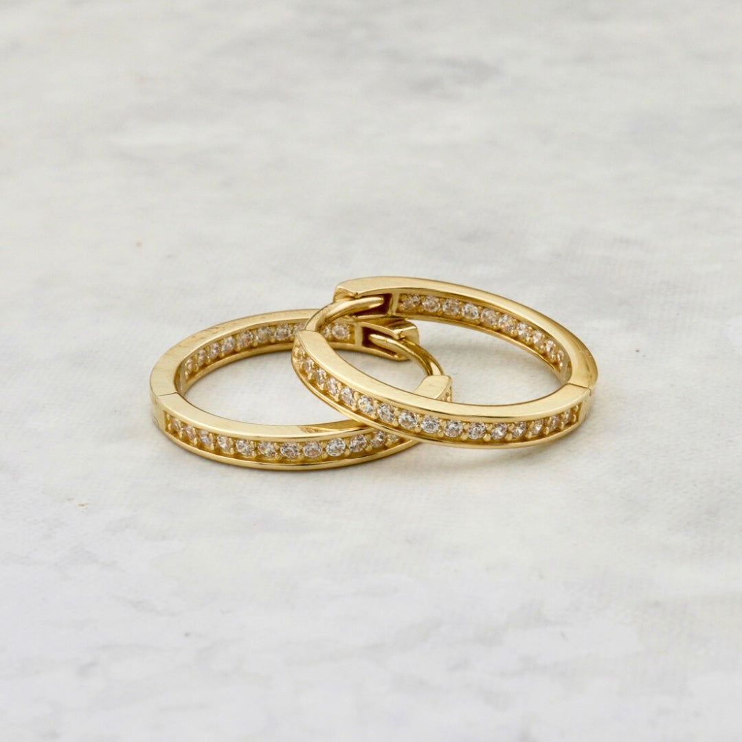 Classic Double Pave 10K Gold Huggies Earrings