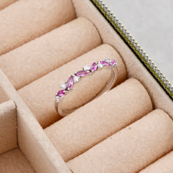 Marquise semi-eternity 14K Gold, Diamonds and Sapphires Ring