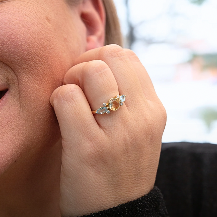 Bague en or 14K, diamants, topaze et citrine