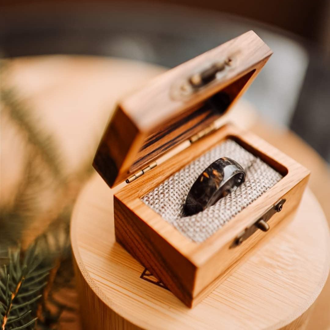 Tungsten ring and black -infused maple wood