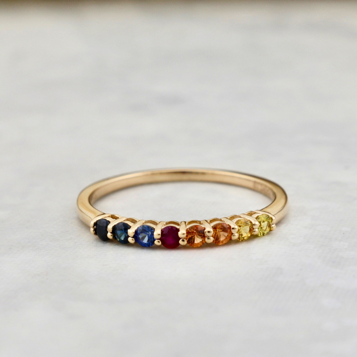 Rainbow Semi-Eternity 14K Gold, sapphires and ruby Ring