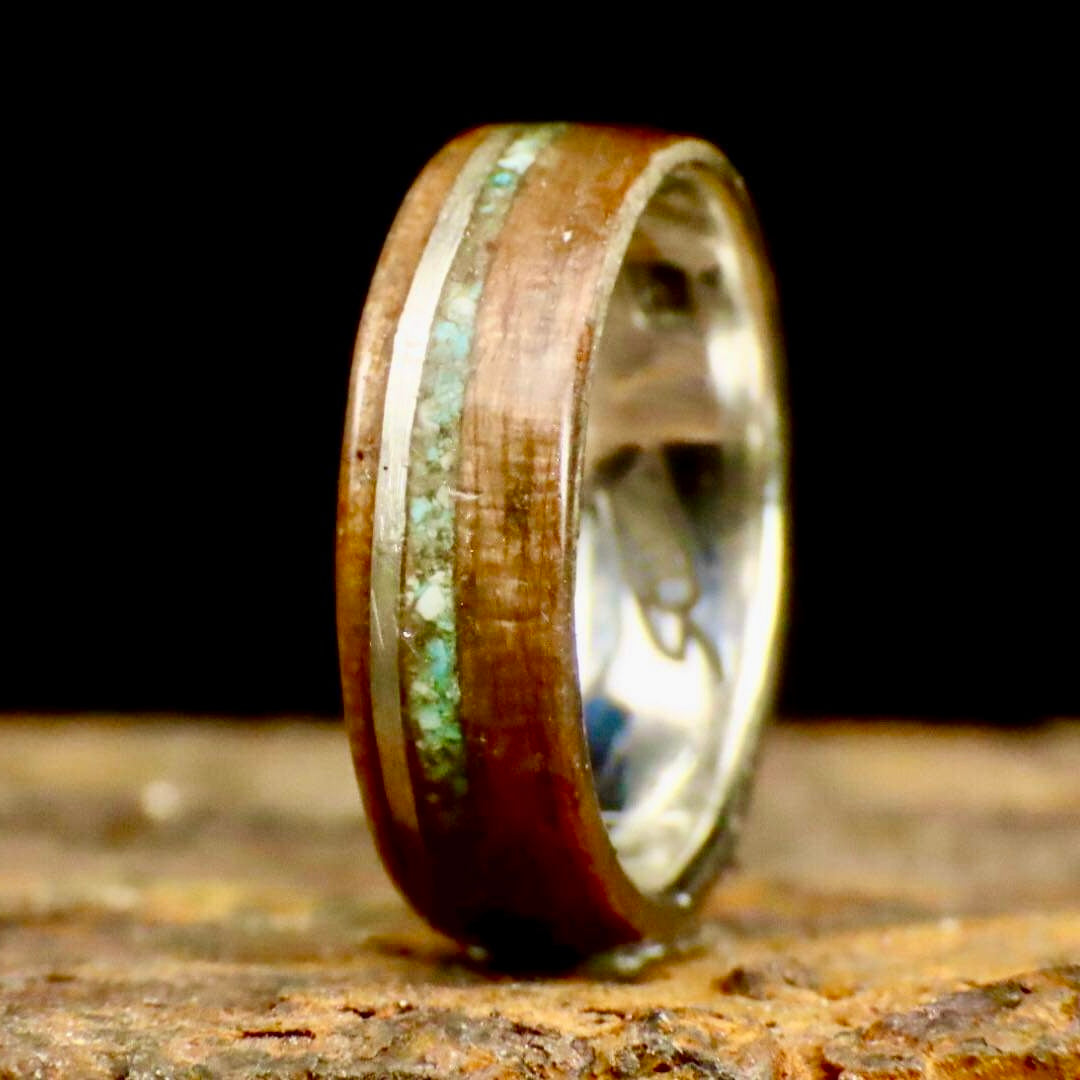 Wood ring, turquoise and custom 14K gold