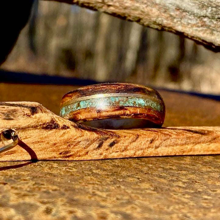 Wood ring, turquoise and custom 14K gold