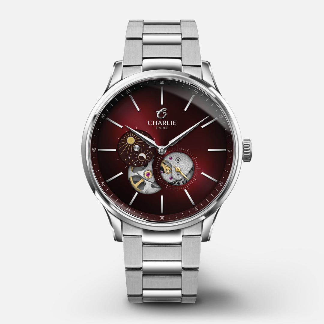 Montre Charlie Paris INITIAL Open Heart Jour/Nuit - Bordeaux 40 mm