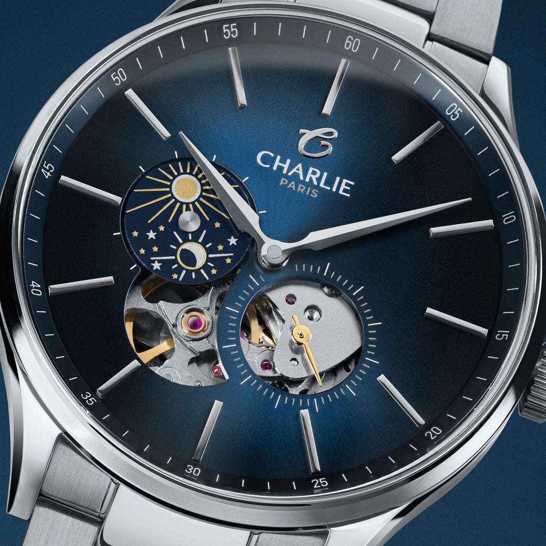 Montre Charlie Paris INITIAL Open Heart Jour/Nuit - Bleu 40 mm