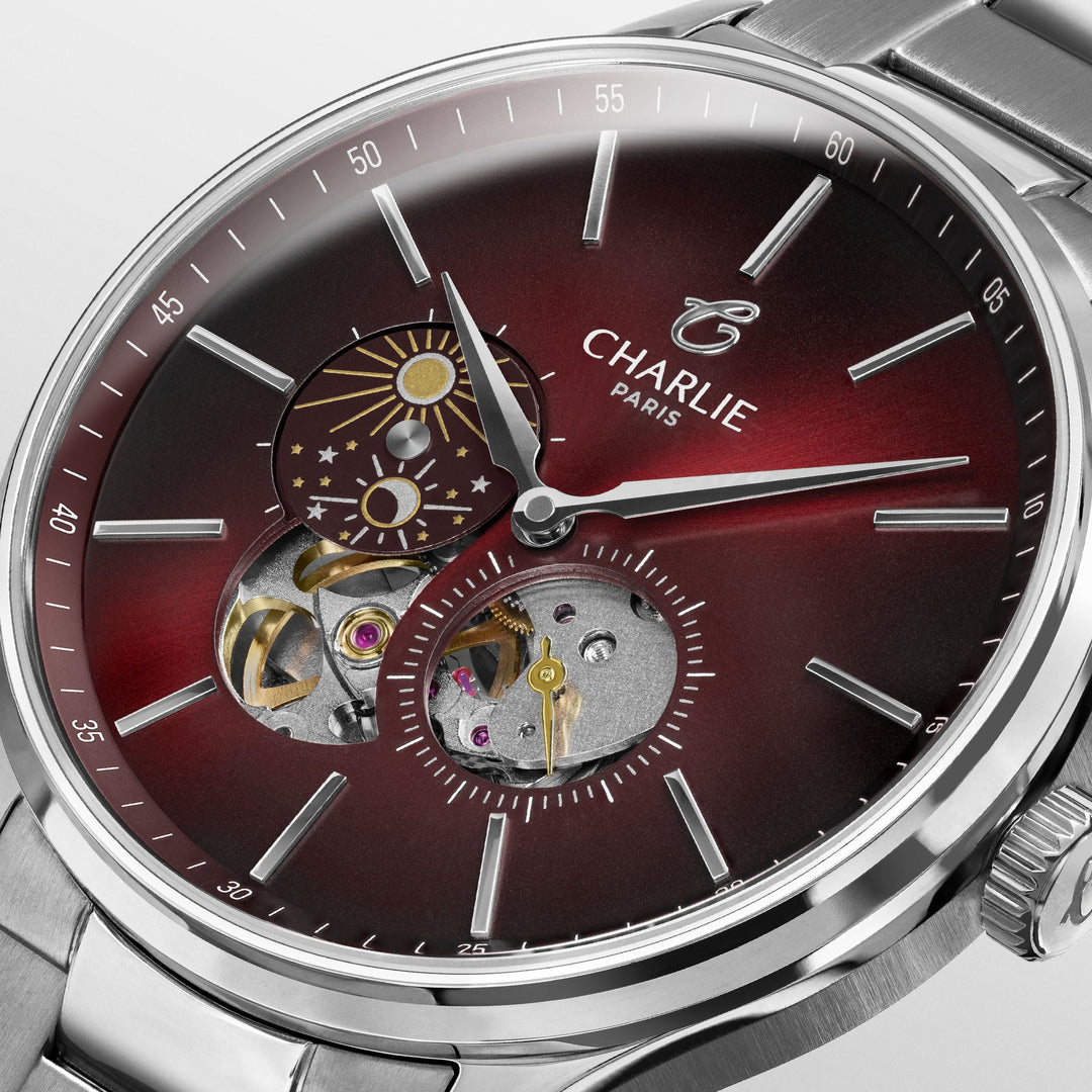 Montre Charlie Paris INITIAL Open Heart Jour/Nuit - Bordeaux 40 mm