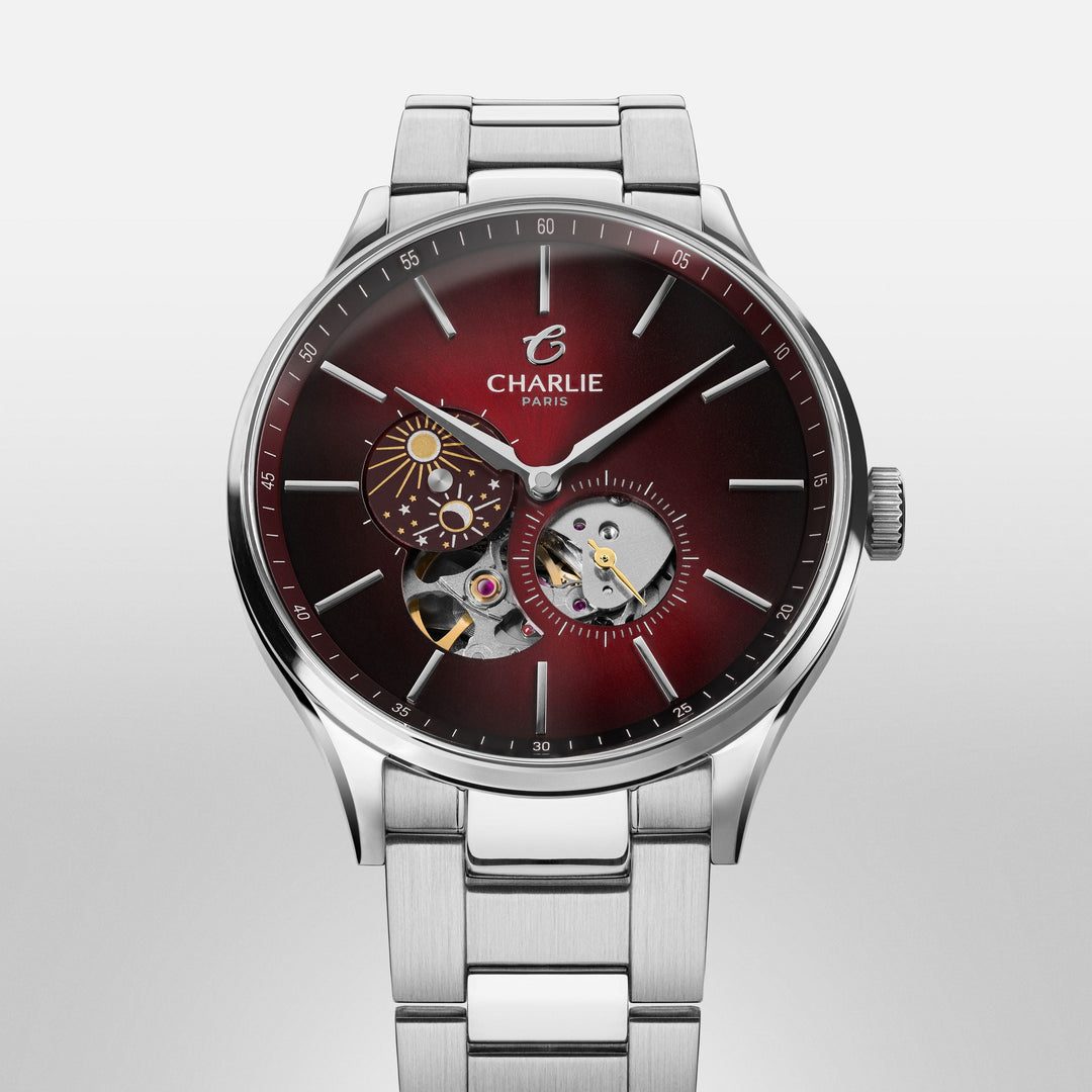 Montre Charlie Paris INITIAL Open Heart Jour/Nuit - Bordeaux 40 mm