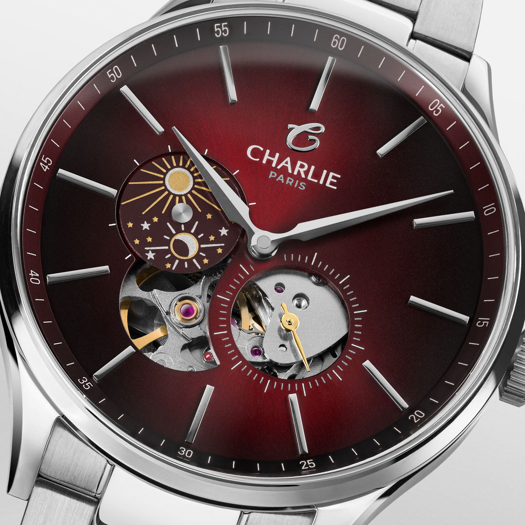 Montre Charlie Paris INITIAL Open Heart Jour/Nuit - Bordeaux 40 mm