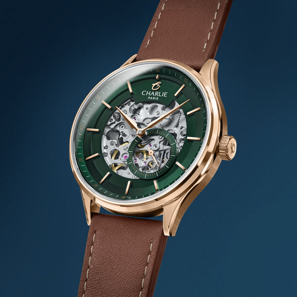 Montre Charlie Paris INITIAL Squelette - Vert &  Or Rosé 40 mm