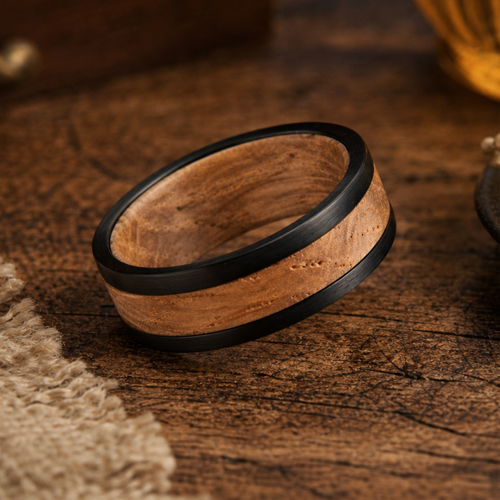 Whiskey barrel wood and tungsten ring