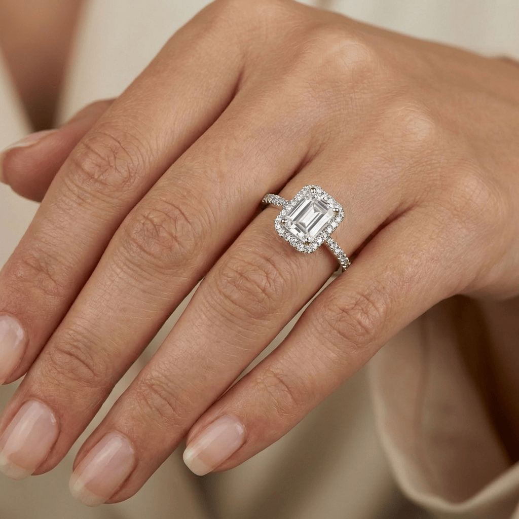 Bague Émeraude ou et moissanites Mathieu Blanchard Bague de fiançailles Halo Moissanite Émeraude | Mathieu Blanchard Mathieu Blanchard Joaillerie