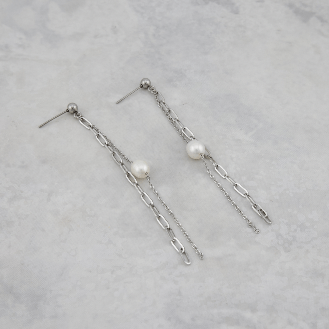 Boucles d'oreilles Éclisse en acier inoxydable Mathieu Blanchard collier Collier Double avec perle baroque en acier | Mathieu Blanchard Mathieu Blanchard Joaillerie