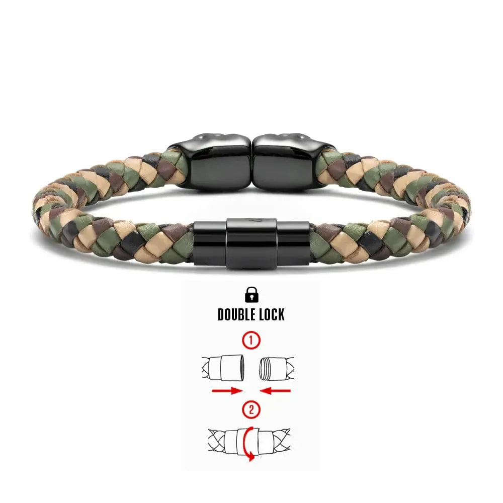 Bracelet Double tête de mort en cuir en acier inoxydable SkeletonHD Bracelets Bracelet de cuir double tête de mort - camouflage | SkeletonHD Mathieu Blanchard Joaillerie