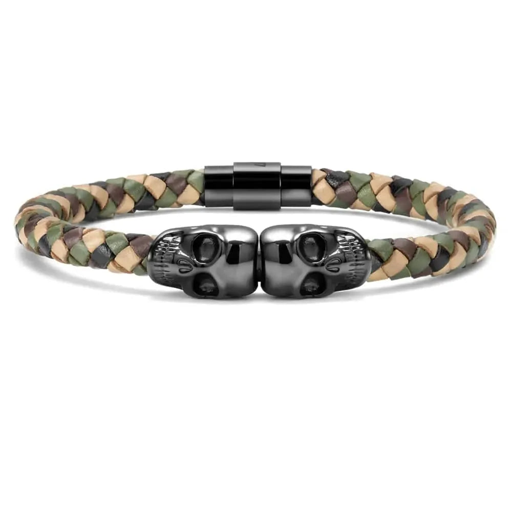 Bracelet Double tête de mort en cuir en acier inoxydable SkeletonHD Bracelets Bracelet de cuir double tête de mort - camouflage | SkeletonHD Mathieu Blanchard Joaillerie