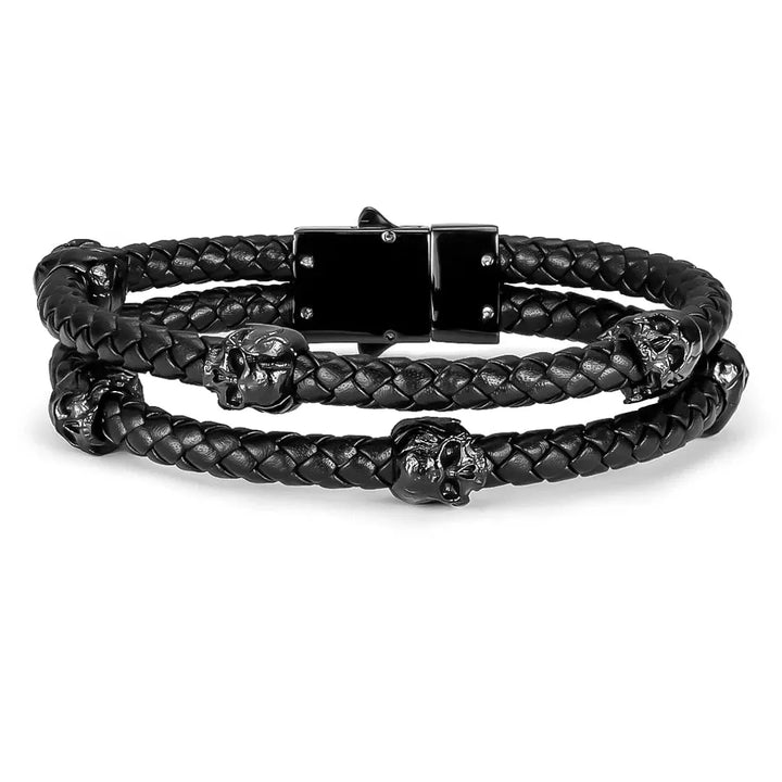 Bracelet Double tête de mort en cuir en acier inoxydable SkeletonHD Bracelets Bracelet de cuir double tête de mort - Python noir | SkeletonHD Mathieu Blanchard Joaillerie