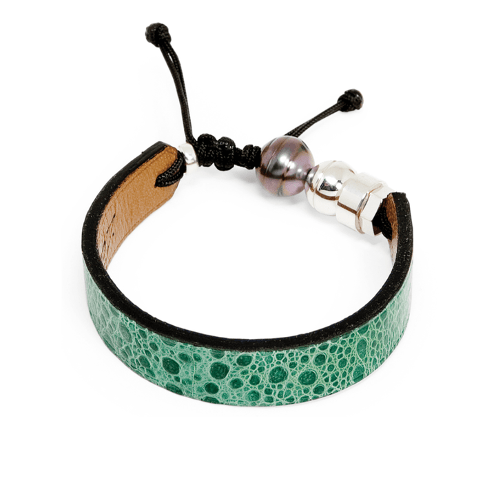 Romeo J. Bracelets Petit / Vert Bracelet en cuir de crapaud marin, perle de Tahiti  et argent sterling