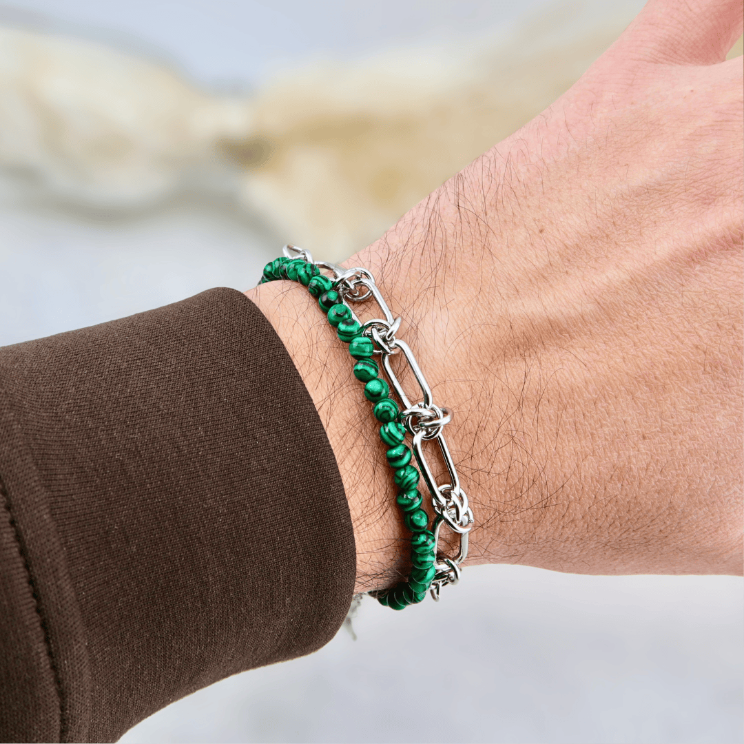 Duo de bracelets Malachite et en acier inoxydable Mathieu Blanchard Bracelets Acier inoxydable Duo de bracelets pour homme Malachite acier inox | Mathieu Blanchard Mathieu Blanchard Joaillerie