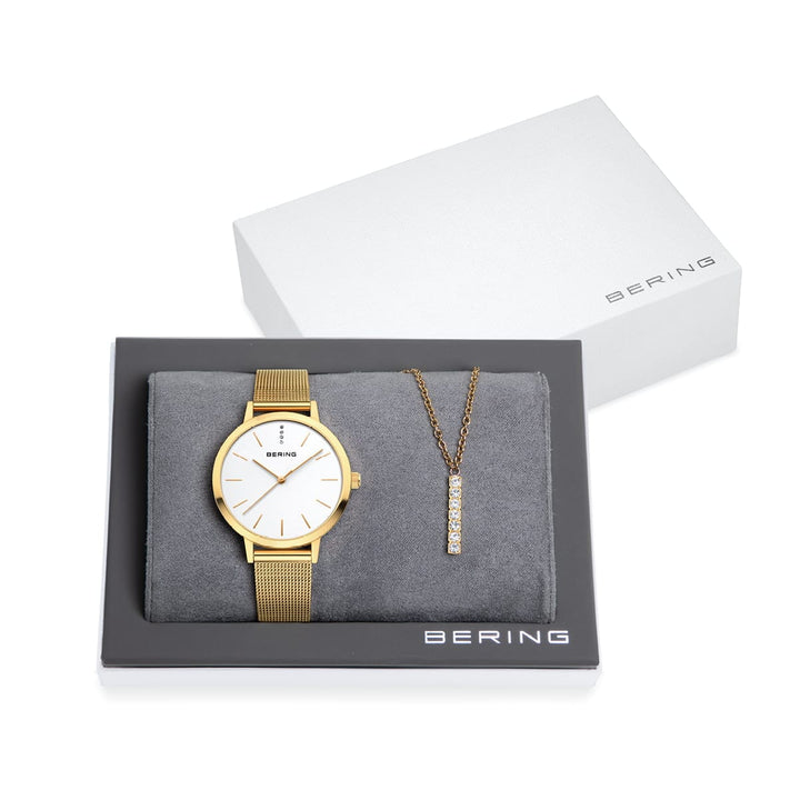 Ensemble cadeau Montre Bering Classic34mm 13434 334 GWP Bering Montre Acier inoxydable plaqué or jaune 13434-334-GWP Ensemble cadeau Montre Bering Classic Or 34mm 13434-334-GWP - Mathieu Blanchard - Dépositaire officiel Bering Canada Mathieu Blanchard Joaillerie