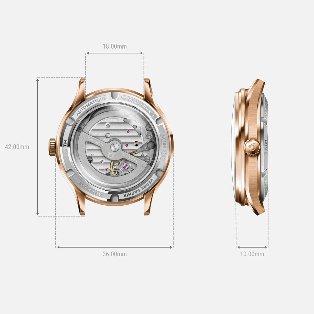 Montre Charlie Paris INITIAL 36 Jour/Nuit Aventurine Rose36 mm en acier inoxydable Charlie Paris Montre Montre Charlie Paris INITIAL 36 Jour/Nuit - Aventurine Rose Or 36 mm | Dépositaire Officiel Canada | Mathieu Blanchard Joaillerie Mathieu Blanchard Joaillerie