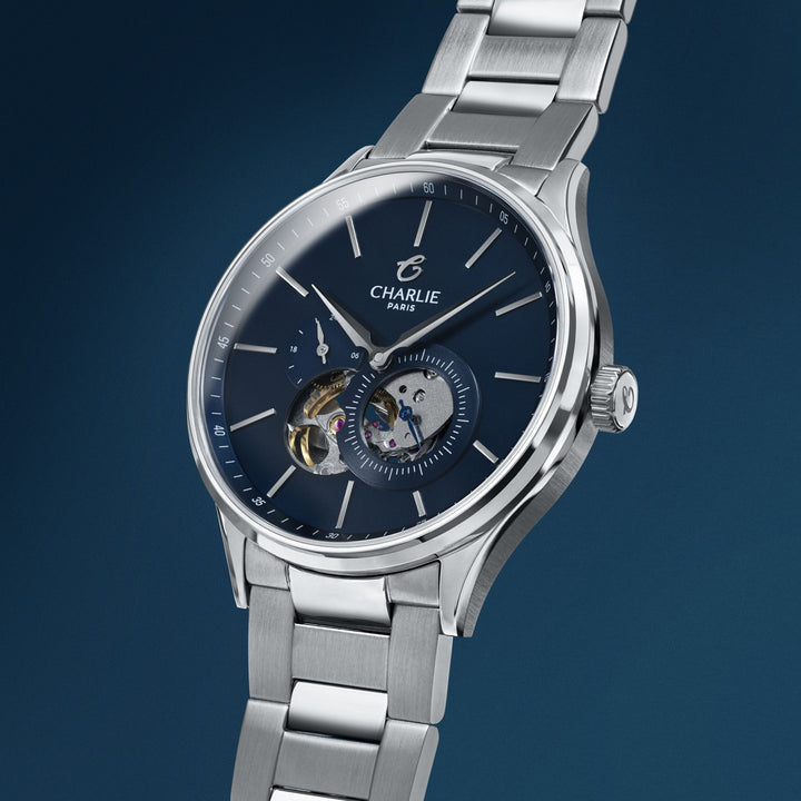 Montre Charlie Paris INITIAL Open Heart Bleu 40 mm en acier inoxydable Charlie Paris Montre Montre Charlie Paris INITIAL Open Heart - Bleu 40 mm | Dépositaire Officiel Canada | Mathieu Blanchard Joaillerie Mathieu Blanchard Joaillerie