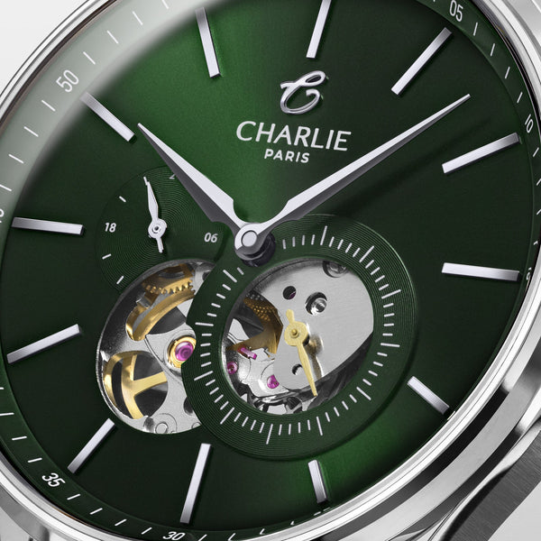 Montre Charlie Paris INITIAL Open Heart Vert 40 mm en acier inoxydable Charlie Paris Montre Acier 3 links / Acier inoxydable ICO-40-010 / B-ICO / m-ICO Montre Charlie Paris INITIAL Open Heart - Vert 40 mm | Dépositaire Officiel Canada | Mathieu Blanchard Joaillerie Mathieu Blanchard Joaillerie