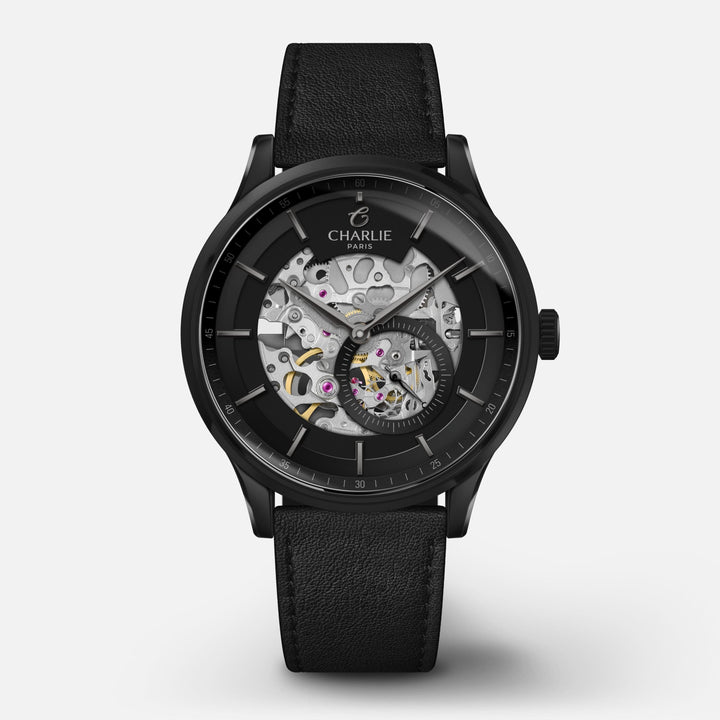 Charlie Paris Montre Cuir noir Montre Charlie Paris INITIAL Squelette - Fantôme 40 mm