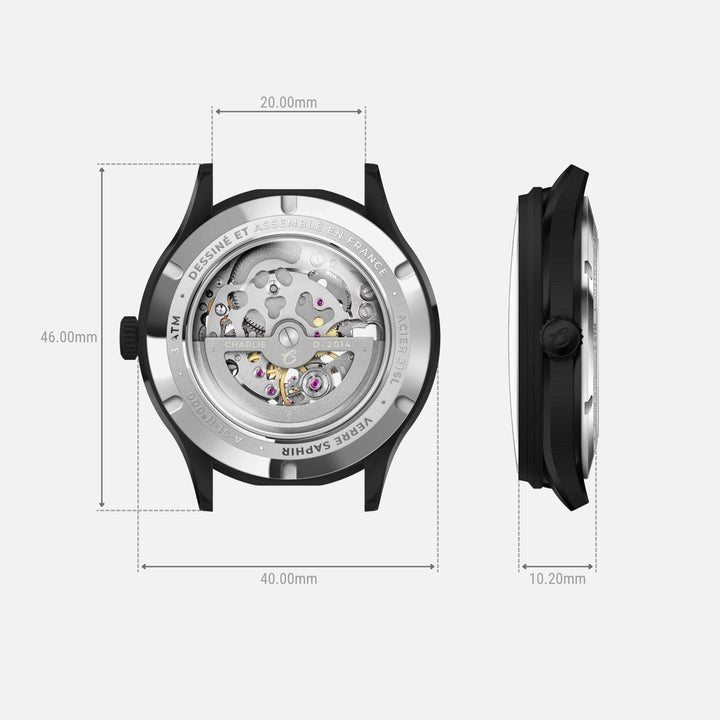 Montre Charlie Paris INITIAL Squelette Fantôme 40 mm en acier inoxydable Charlie Paris Montre Montre Charlie Paris INITIAL Squelette - Fantôme 40 mm | Dépositaire Officiel Canada | Mathieu Blanchard Joaillerie Mathieu Blanchard Joaillerie