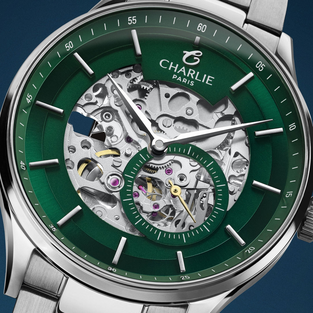 Montre Charlie Paris INITIAL Squelette Vert 40 mm en acier inoxydable Charlie Paris Montre Montre Charlie Paris INITIAL Squelette - Vert 40 mm | Dépositaire Officiel Canada | Mathieu Blanchard Joaillerie Mathieu Blanchard Joaillerie