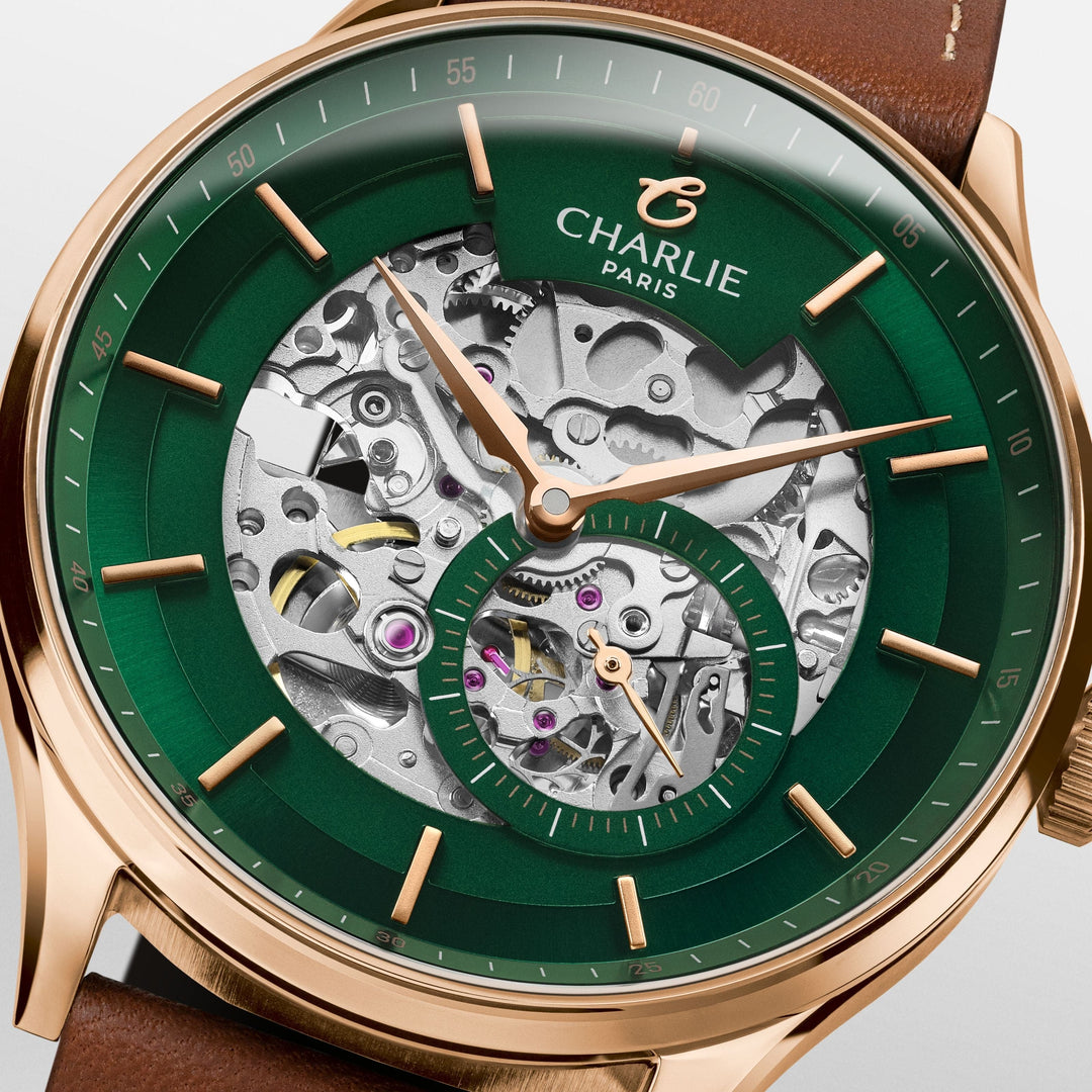 Charlie Paris Montre Montre Charlie Paris INITIAL Squelette - Vert &amp;  Or Rosé 40 mm