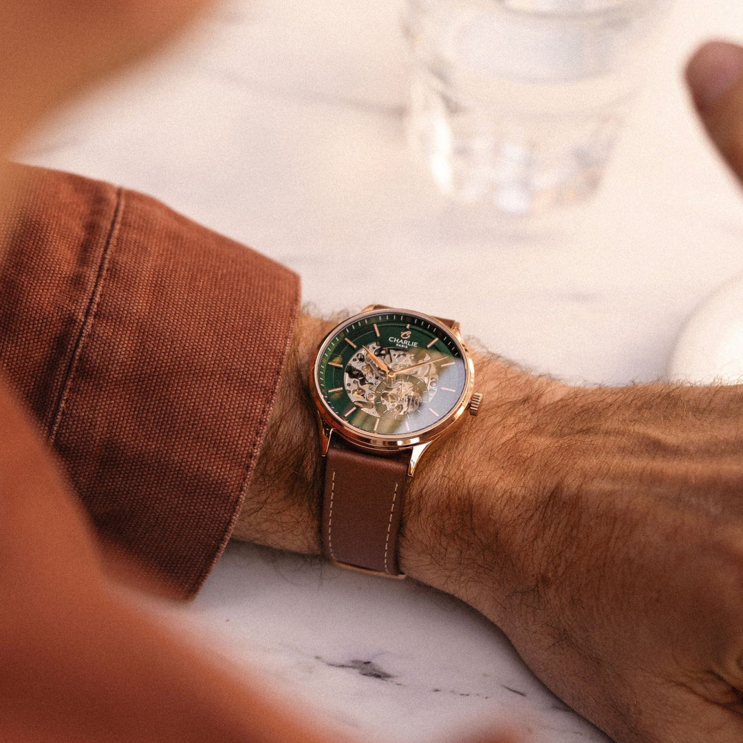 Charlie Paris Montre Montre Charlie Paris INITIAL Squelette - Vert &amp;  Or Rosé 40 mm
