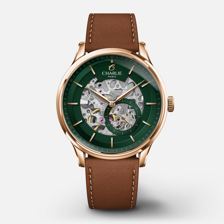 Charlie Paris Montre Cuir brun Montre Charlie Paris INITIAL Squelette - Vert &amp;  Or Rosé 40 mm