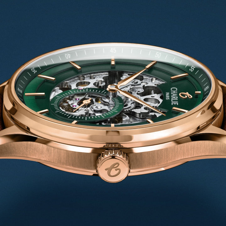 Montre Charlie Paris INITIAL Squelette Vert &amp;Rosé 40 mm en acier inoxydable Charlie Paris Montre Montre Charlie Paris INITIAL Squelette - Vert &amp;  Or Rosé 40 mm | Dépositaire Officiel Canada | Mathieu Blanchard Joaillerie Mathieu Blanchard Joaillerie