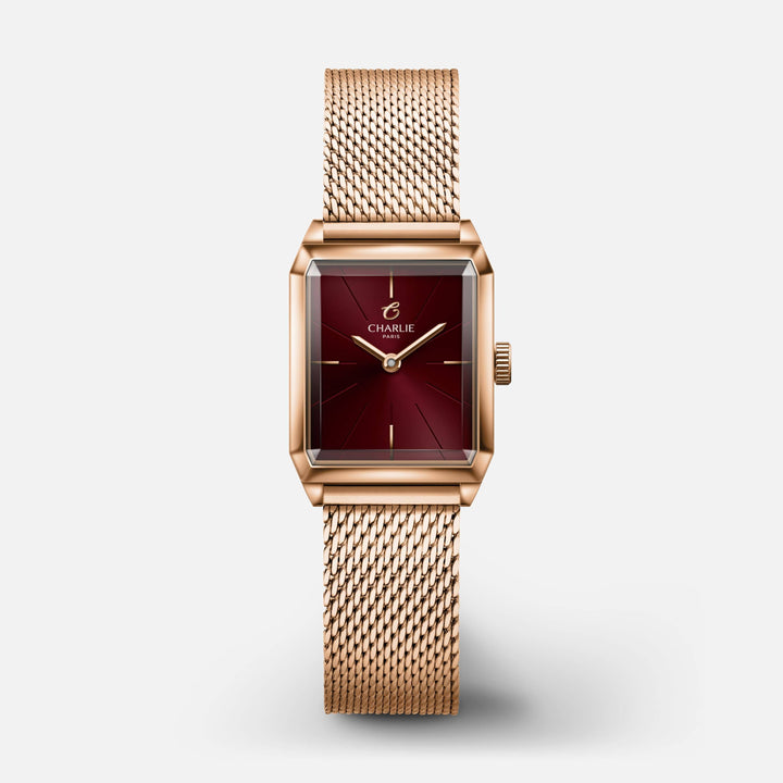 Charlie Paris Montre Maille milanaise / Acier inoxydable Montre Charlie Paris MONCEAURosé &amp; Bordeaux 36 mm en acier inoxydable