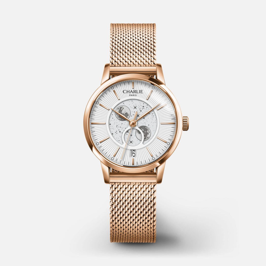 Montre Charlie Paris SULLY Phase de LuneRosé 30 mm en acier inoxydable Charlie Paris Montre Maille milanaise / Acier inoxydable SPL-30-018 / B14-M-B Montre Charlie Paris SULLY Phase de Lune - Or Rosé 30 mm | Dépositaire Officiel Canada | Mathieu Blanchard Joaillerie Mathieu Blanchard Joaillerie