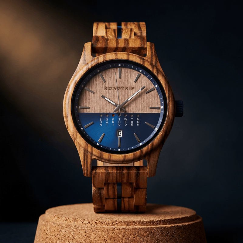 Roadtripmadewood Montre en bois Montre Horizon - Heure Bleue en bois