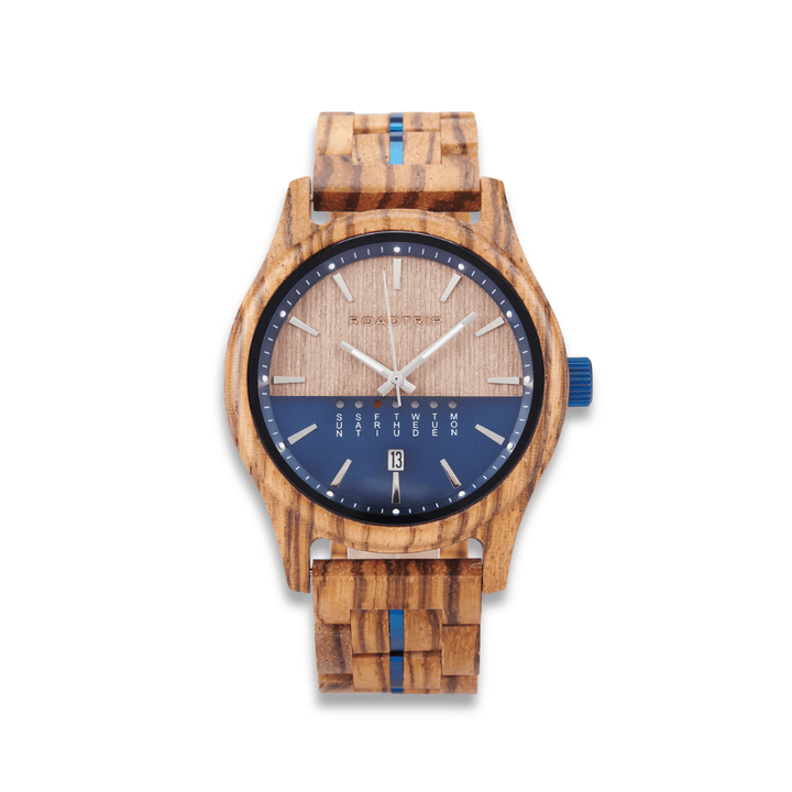 Roadtripmadewood Montre en bois Montre Horizon - Heure Bleue en bois