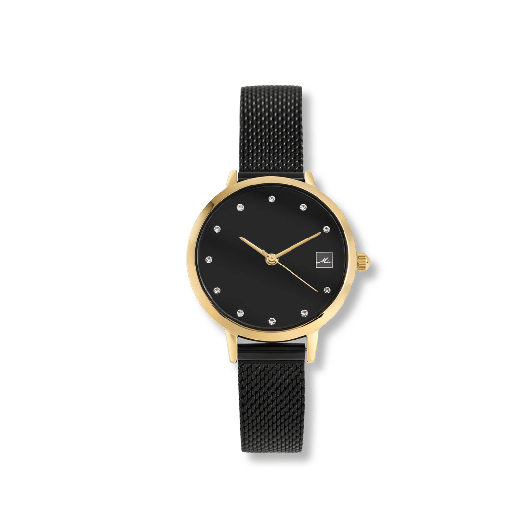 Montre Mia acier inox Pierres Mia Bijoux Montre Acier inoxydable plaqué or jaune et noir W119M02DONO Montre Mia acier inox Pierres scintillantes | Mathieu Blanchard Joaillerie Mathieu Blanchard Joaillerie