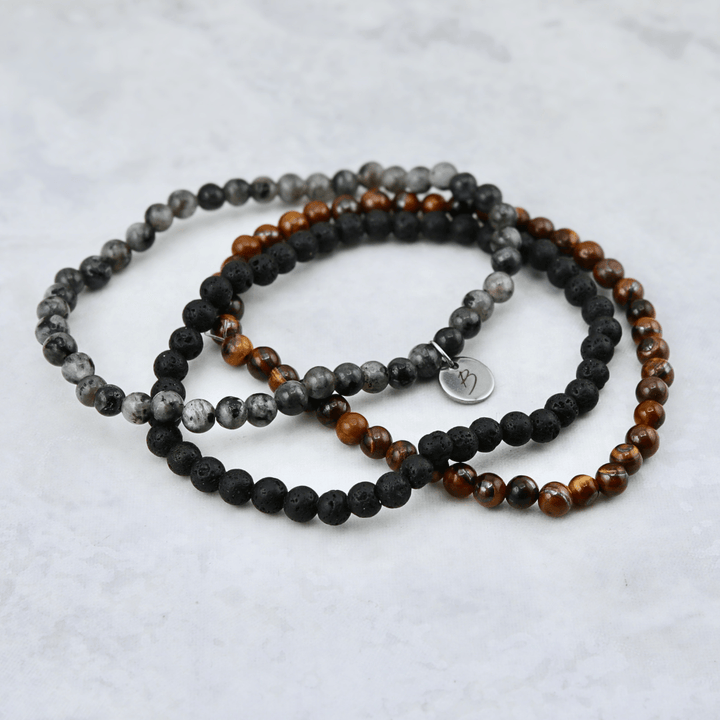 Trio de bracelets Oeil de tigre, Pierre de lave et Labradorite Mathieu Blanchard Bracelets Acier inoxydable Trio de bracelets Oeil de tigre, Pierre de lave et Labradorite Mathieu Blanchard Joaillerie